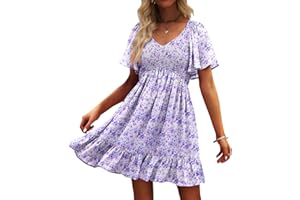 UEAL Womens Cute Floral Smocked V Neck Flutter Sleeve Sundress with Pockets Casual Spring Summer Dresses for Women 2025