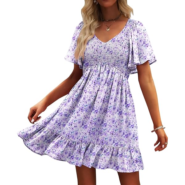 LILLUSORY Women's Flowy Casual Mini Dresses 2026 Summer Graduation Smocked  V Neck Vacation Dress Dress with Pockets Apricot S at Amazon Women's  Clothing store