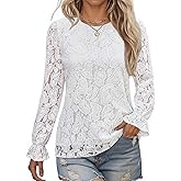 LOMON Lace Long Sleeve Tops for Women Fashion 2025 Eyelet Blouses Dressy Casual Crewneck Embroidered Shirts with Lining
