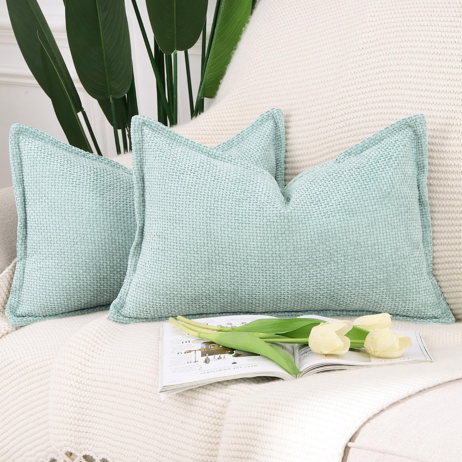 Madizz Set of 2 Chenille Velvet Cushion Covers with Flange Soft Boho Textured Throw Pillow Covers Broadside Pillowcases Modern Farmhouse Home Decor for Sofa Bedroom Aqua Green 12x20 inch, 30x50 cm