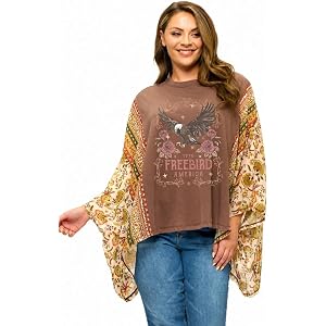 FORYERI Women's Western Cowboy Graphic Poncho Top, Flowy Boho Style, Chiffon Sleeves, Plus Size 1X-2X
