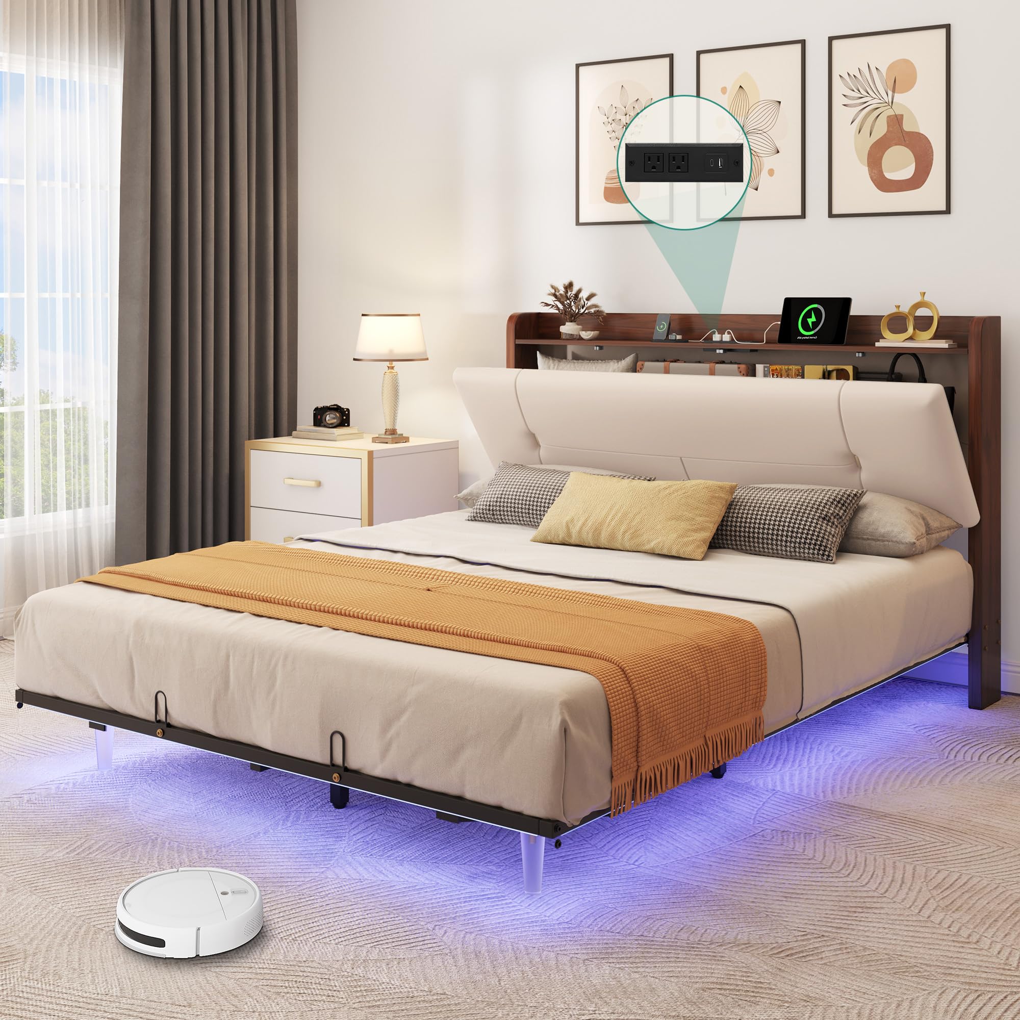 YITAHOME Floating Bed Frame Queen with USB-C/A Charging Station & Led ...
