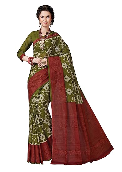 Women's Pure Cotton Printed Saree with Blouse Piece (SKR5813_Mehandi Green-Brown)