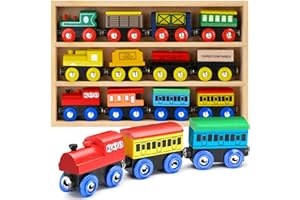 Play22 6006 Wooden 12 Pcs Magnetic Includes 3 Engines-Toy Train Sets for Kids Toddler Boys and Girls