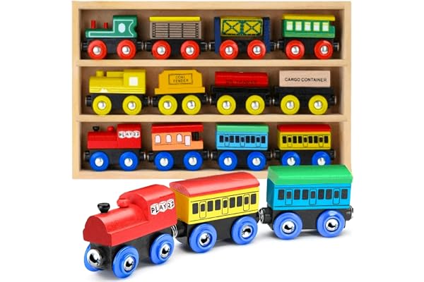 Wooden Train Set 12 PCS – Magnetic Train Toys Set for Toddlers Boy & Girl | Includes 3 Engines - Storage Gift Box - Compatibl