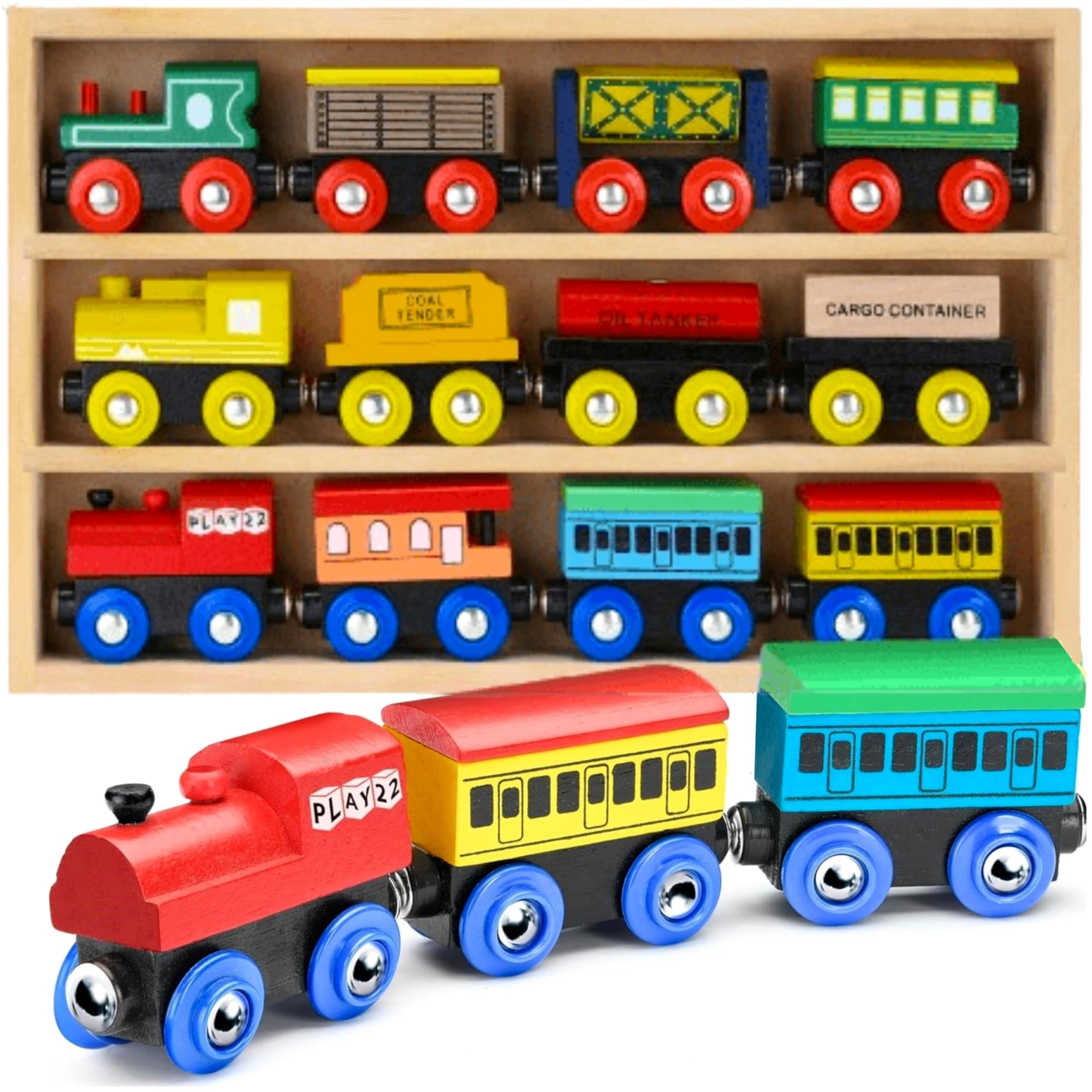 Photo 1 of Wooden Train Set 12 PCS - Train Toys Magnetic Set Includes 3 Engines - Toy Train Sets For Kids Toddler Boys And Girls - Compatible With All Major Brands - Original - By Play22
