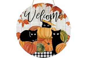 YINENA Welcome Fall Black Cat Door Sign Pumpkin Maple Leaf Wood Door Hanger for Outdoor Outside Porch Seasonal Fall Autumn Farmhouse Wooden Indoor Wall Hanging Decoration