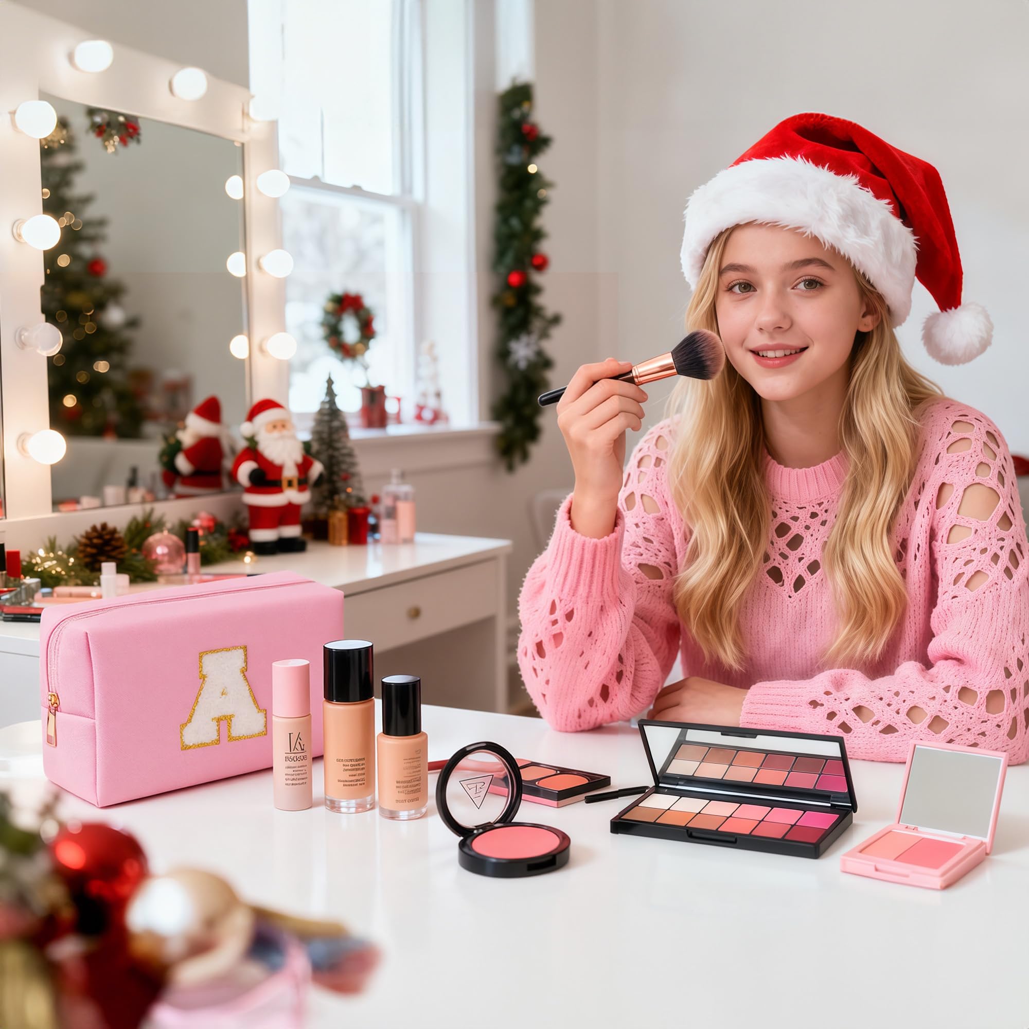 TOPEAST Initial Makeup Bag - Christmas Gifts for Teen Girls Kids, Birthday Gifts for 4 5 6 7 8 9 10 11 12 Year Old Teen Girls, Personalized Preppy Cosmetic Bags Toiletry Bag (Pink A)