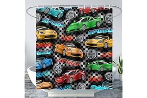 AILONEN Boys Race Car Shower Curtain for Bathroom - Racing Car Comforter Extreme Sport - Colorful Speed Sports Cars Theme 72" W x 78" H Curtain for Kids Boys with Hooks