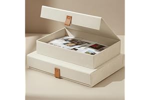 ZICOTO Decorative Photo Storage Boxes with Lids - Set of 2 Beautiful Linen Organizers Are Perfect to Safely Store Your Pictures, Documents, Scrapbooking Supplies, Keepsakes and Other Memories in Style