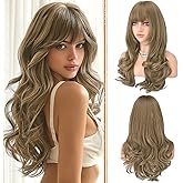 Haloo Brown Blonde Wigs with Bangs Long Wavy Layered Haircut Natural Looking Fluffy Synthetic Heat Resistant Hair Wig for Women Daily Party, 24 Inch Brown Mixed Blonde