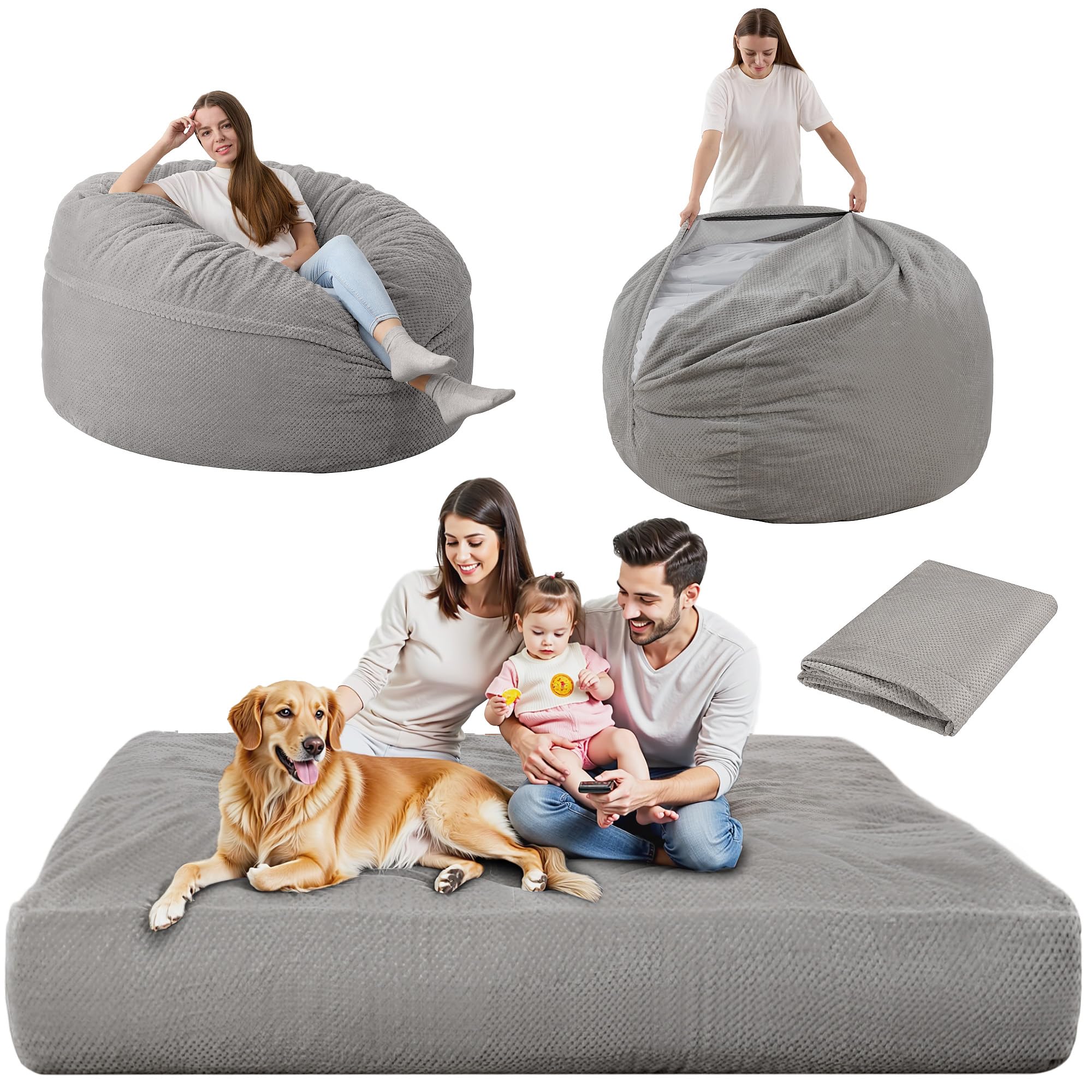 Photo 1 of HABUTWAY Bean Bag Chair, Giant Bean Bag Chair with Washable Chenille Cover Ultra Soft, Convertible Bean Bag from Chair to Mattress, Huge Chenille Bean Bags for Adult, Couples, Family (Grey Queen)