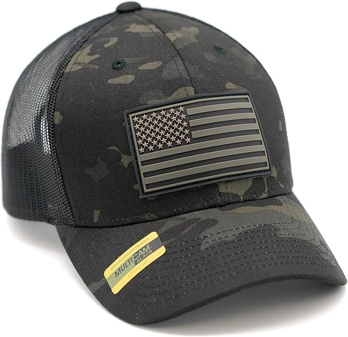 Multicam Tactical Camo Trucker Cap with Patriotic American Flag PVC