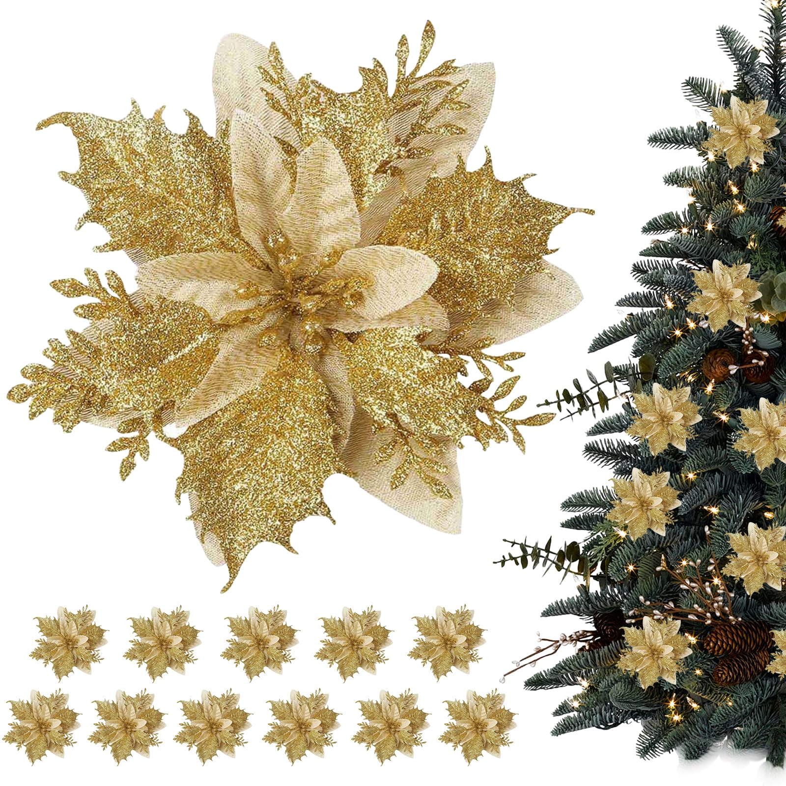 YUDANSI Christmas Tree Artificial Flowers With Clips, 12 PCS Artificial Fake Flowers For Home Garden Decor, Wedding Party, Valentines Day, Garland Decor, 14cm Glitter Flowers For Christmas Decorations