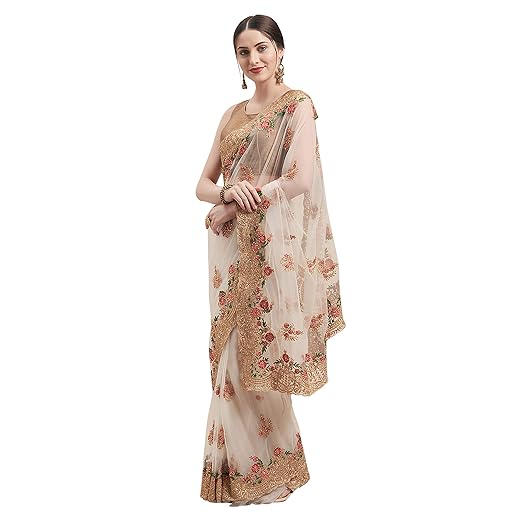 Womanista net with Blouse Piece Saree (WM1219_ Off White_ Onesize)