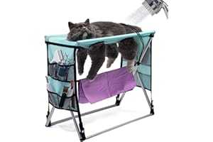 MIFNRO Cat Grooming Hammock & Pet Bathing Table - Anti-Scratch Foldable Design with 3 Safety Straps, 4 Leg Holes, 2 Tool Pock