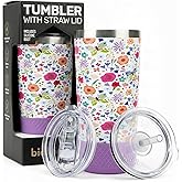 Biddlebee 20oz Insulated Coffee Tumbler with Straw and Leakproof Lids - Gift Set for Women - Stainless Steel Travel Mug with Silicone Boot, Garden Blooms Floral Design