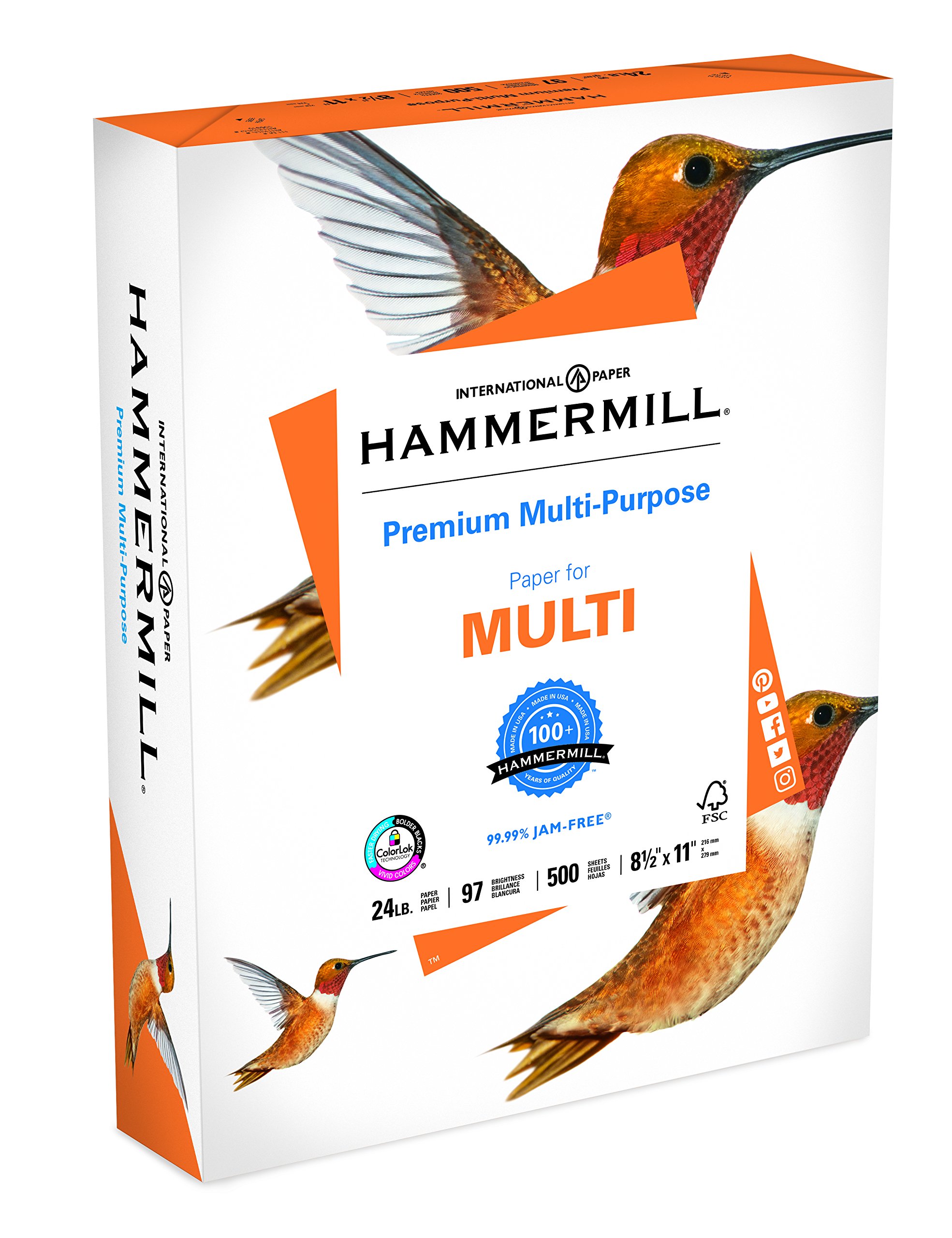 Hammermill Premium Multipurpose 24lb Copy Paper, 8.5 x 11, 1 Ream, 500 Sheets, Made in USA