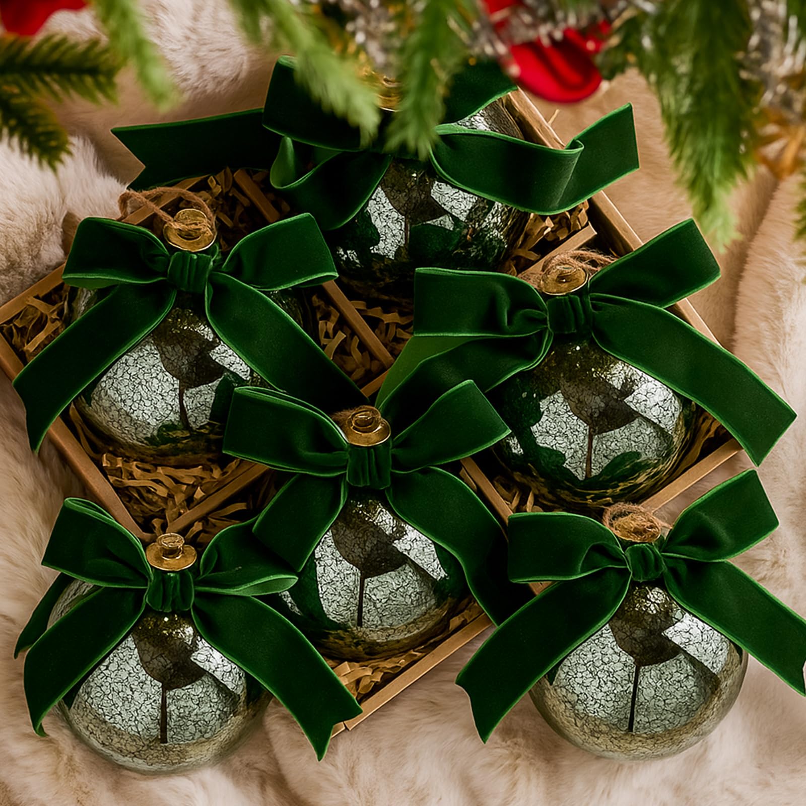 View 1 of 6 Pcs 4 Inch Large Vintage Mercury Glass Christmas Ornaments with Velvet Bow Christmas Hanging Glass Ball Ornaments Green Mercury Decor for Xmas Tree Vintage Holiday Decoration