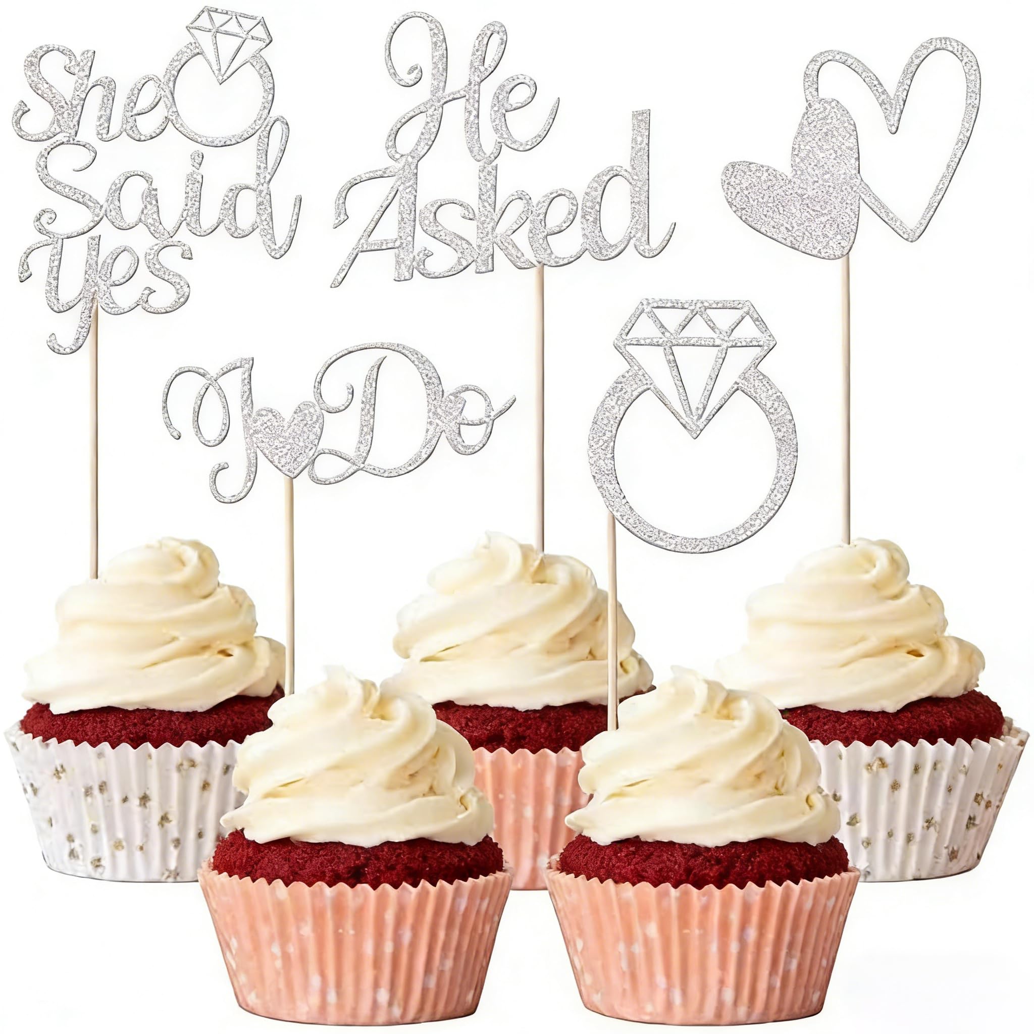Xsstarmi 30 PCS He Asked She Said Yes Cupcake Toppers Silver Glitter Heart Ring I Do Cupcake Picks Decorations for Wedding Engagement Bridal Shower Theme Party Supplies