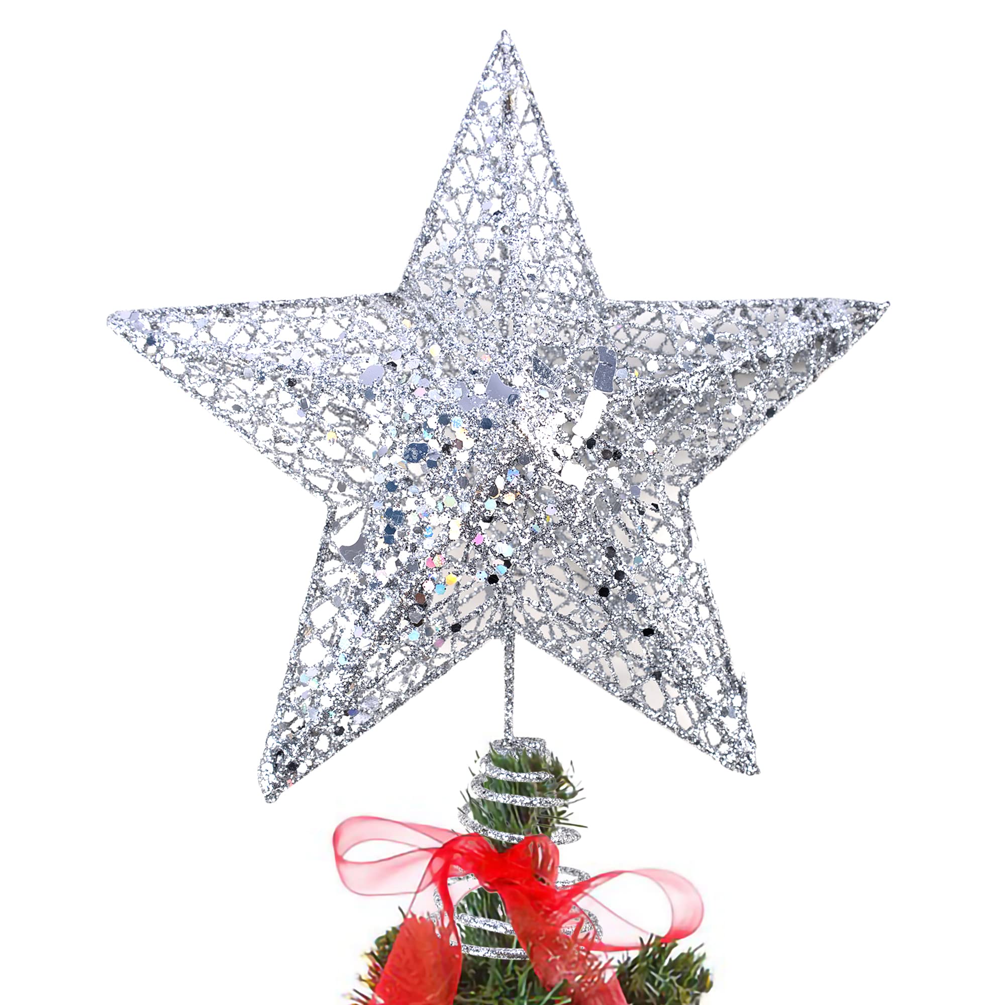 KEYIDO Christmas Tree Star Silver Christmas Star Tree Topper Metal Glitter Xmas Stars for Top of christmas Tree Decorations Ornaments 15 * 20 cm