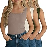 LessonZoo 3 Pack Girls Tank Tops Slim Fit Ribbed Knit Camisole Square Neck Sleeveless Undershirts Summer Basic Tanks