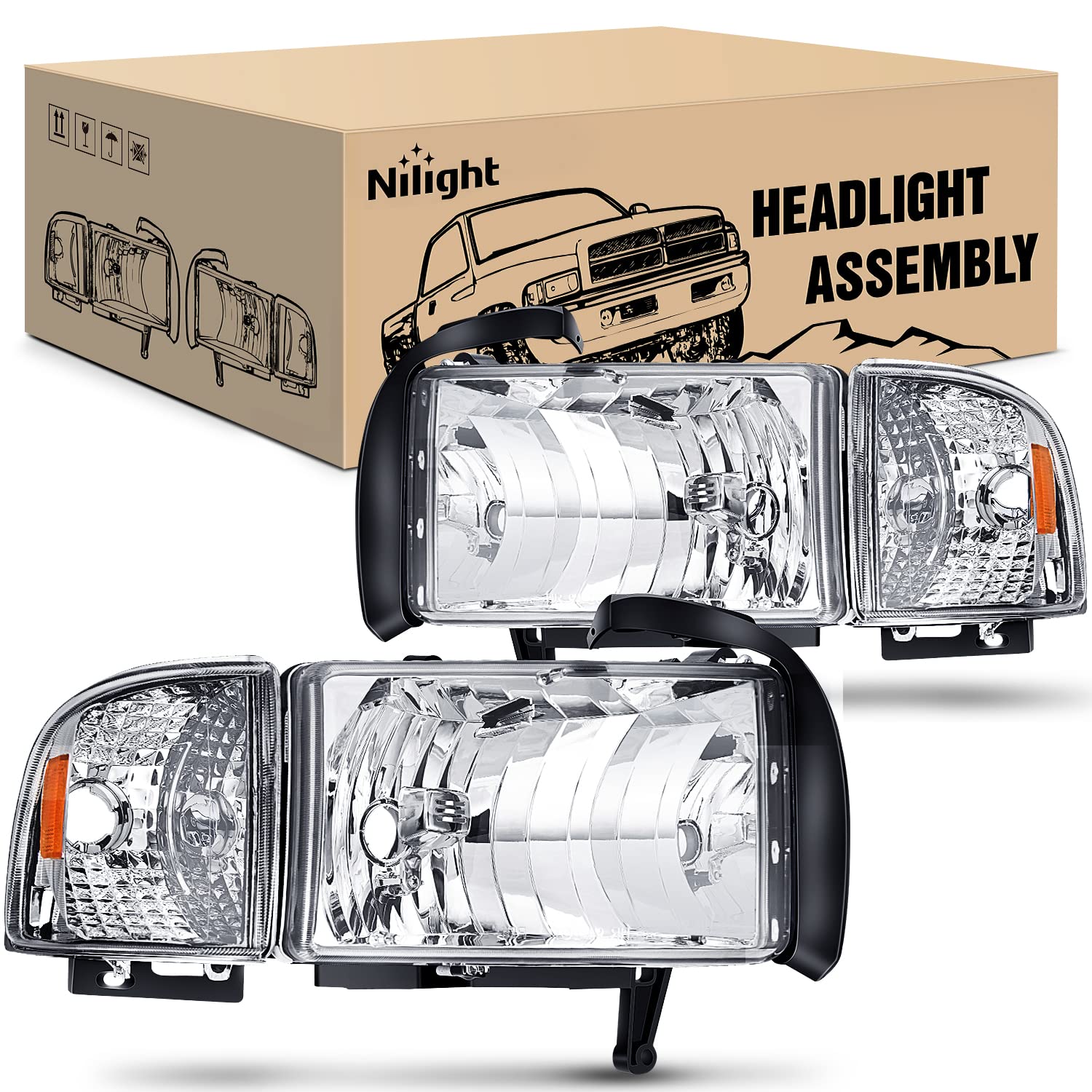 Photo 1 of **USED**/MINOR SCRATCH** Headlights Replacement Assembly kit Compatible with 1994 1995 1996 1997 1998 1999 2000 2001 2002 Ram 1500 2500 3500 Chrome Replacement,2 Pack,Driver and Passenger Set