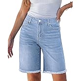 luvamia Jean Bermuda Shorts for Women Trendy Mid Rise Raw Hem Knee Length Stretchy Denim Long Shorts Summer Casual Jorts