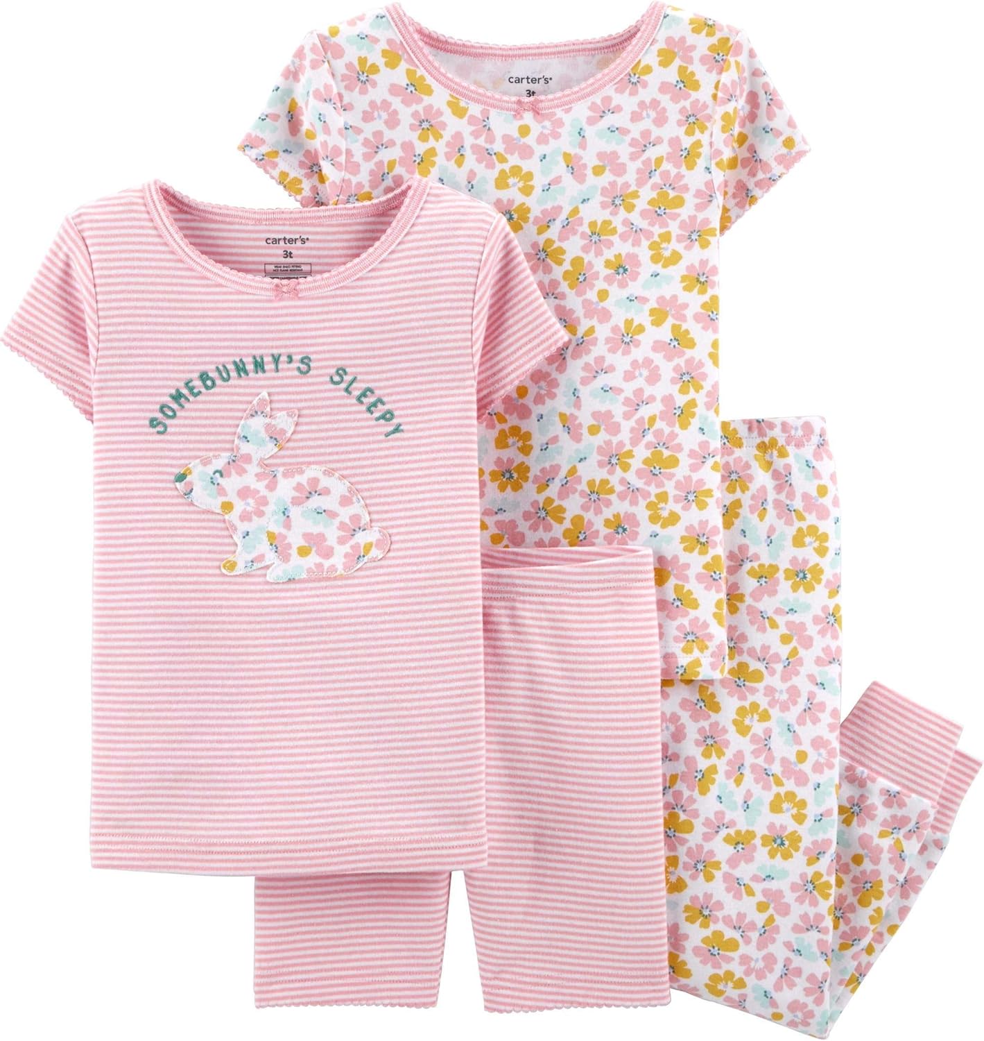 Carter's Toddler and Baby Girls' 4 Piece Cotton Pajama Set, Bunny, 2T Clothing