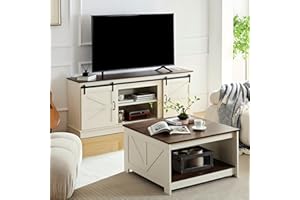 OKYCI Farmhouse TV Stand and Coffee Table Set, TV Stand for 75 Inch TV with Power Outlet, Wood Square Coffee Tables for Living Room, Antique White