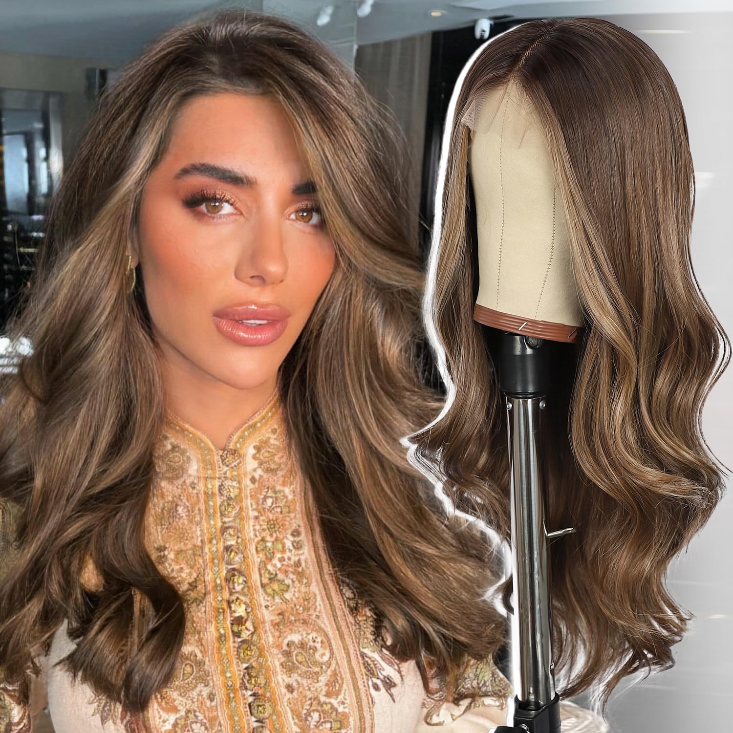 SOMIARIK Brown with Blonde Highlight Short Wavy Wigs for Black Women 13x4 Synthetic Lace Front Wigs Wave Wigs Pre Plucked with Baby Hair 150% Density Heat Resistant Party Date Daily Wear 22 Inch