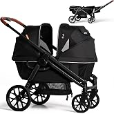 Weego Lightweight Wagon Stroller for 2 Kids, Foldable All-Terrain, Black | Double stroller wagon with removable canopy, adjustable push-pull handle, snack tray, cup holders and storage basket.