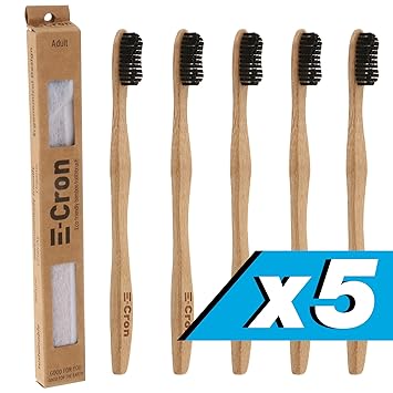 5 x Cepillo de dientes de bambú E-Cron con un mango respetuoso con el