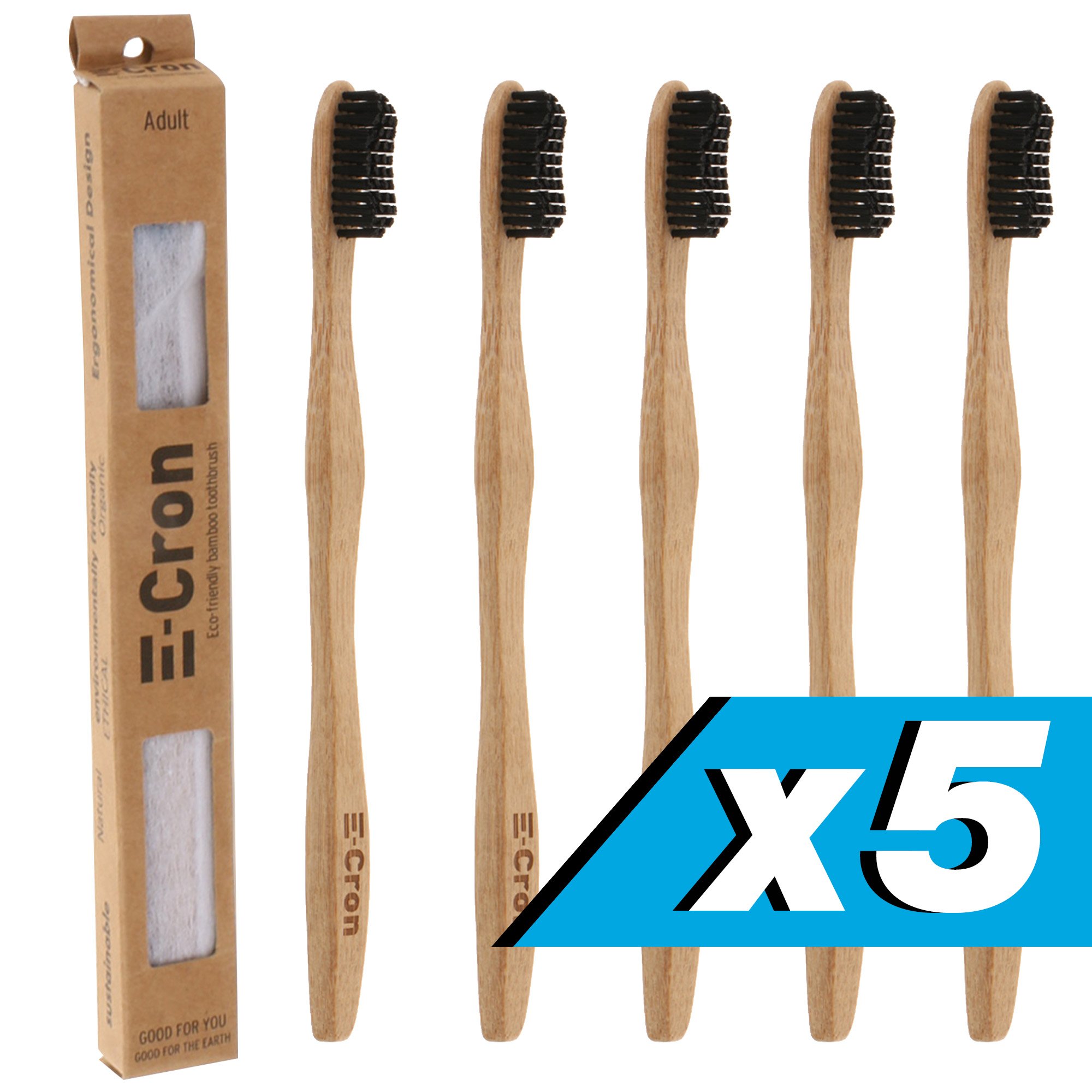 5 x E-Cron Bamboo Toothbrush (Black) with Eco-friendly, 100% organic and biodegradable toothbrush handle. Your Natural Dental Care with The clean and warm touch of The bamboo.