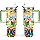 omezin 40 Oz Butterfly Theme Tumbler With Handle With Lid Straw Double Insulated Travel Coffee Cup Butterfly Gifts For Women