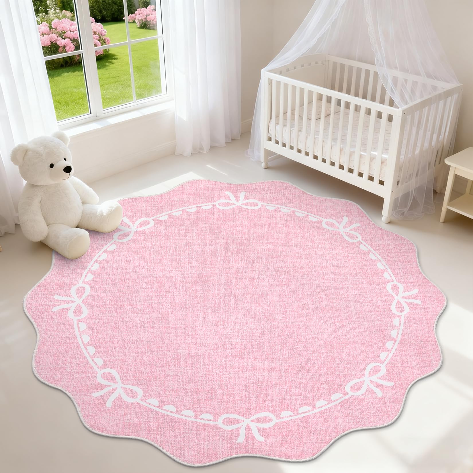 garveehome scalloped bow rug for living room, 5ft round rugs washable solid pink rug for dorm soft l