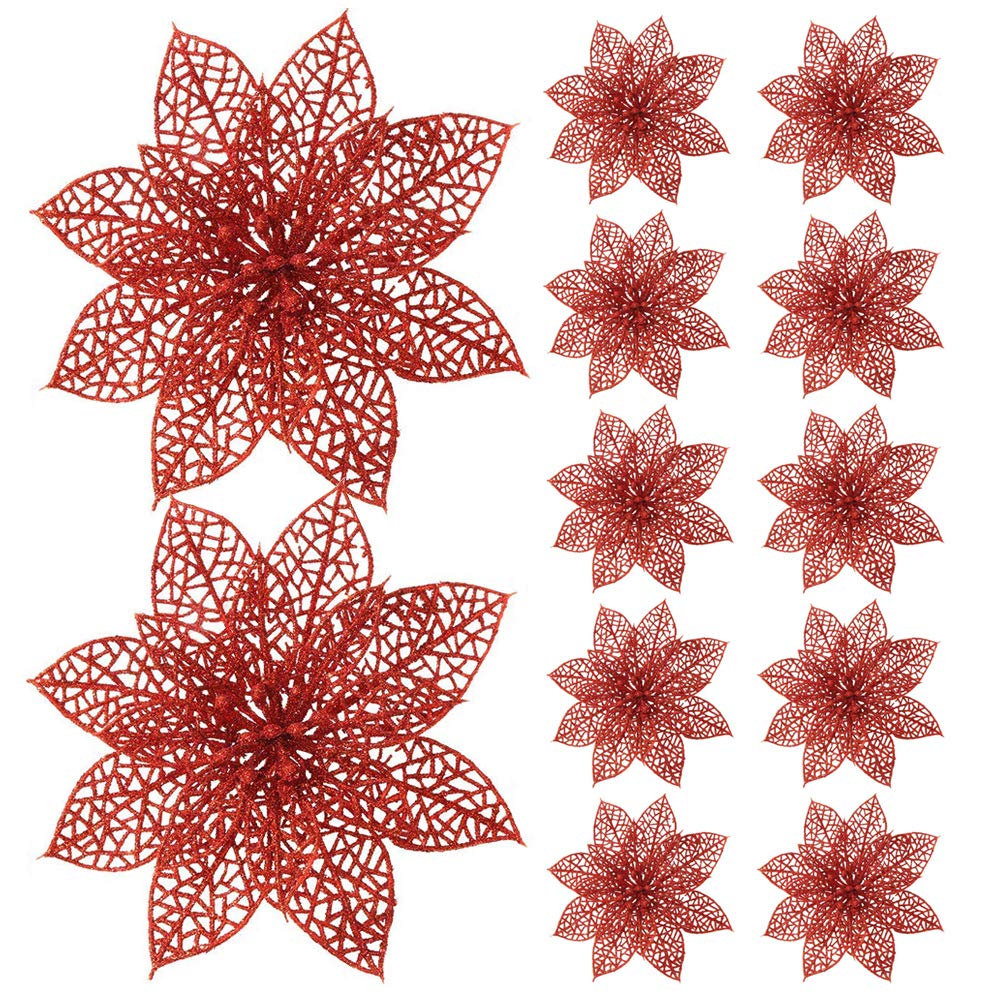 GL-Turelifes 12pcs Glitter Artificial Poinsettia Flowers Christmas Tree Ornaments 5.9’’(15cm) Diameter (Red)