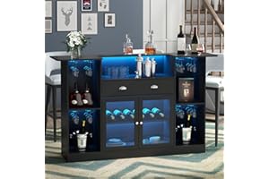 Loomie Bar Table Cabinet with LED & Drawer, Mini Liquor Bar with 8-Tier Storage & Stemware Holder, Wine Alcohol Bar Stand with Glass Door & Adjustable Wine Rack, Crescent Shaped Counter for Home Pub