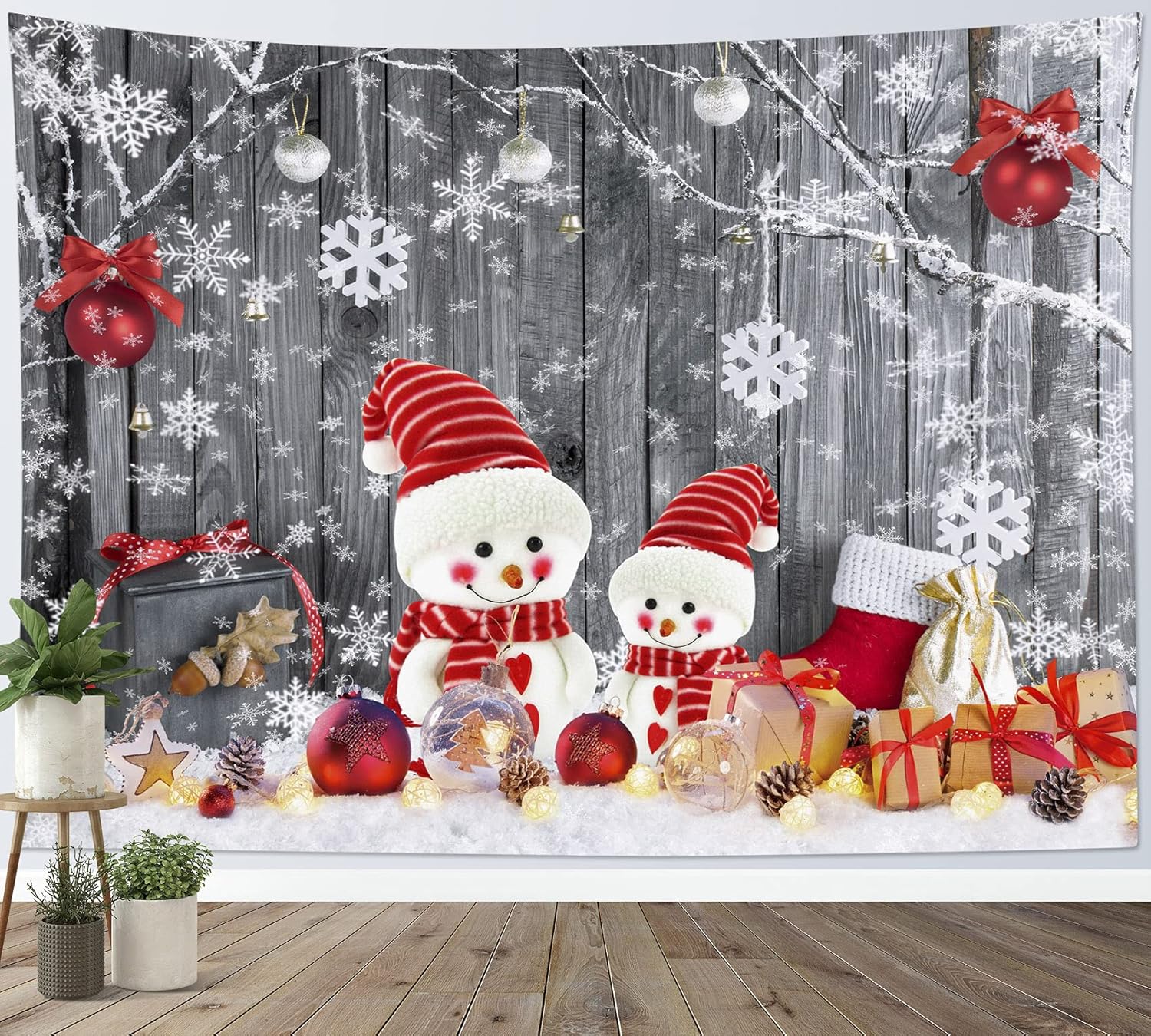 Tapestries - HVEST Christmas Tapestry Wall Hanging Red Xmas Balls and Snowman on Rustic Planks Tapestries Winter Snowflake Decorative Blanket for Bedroom Living Room Dorm Holiday Party Wall Decor, 60X40Inches