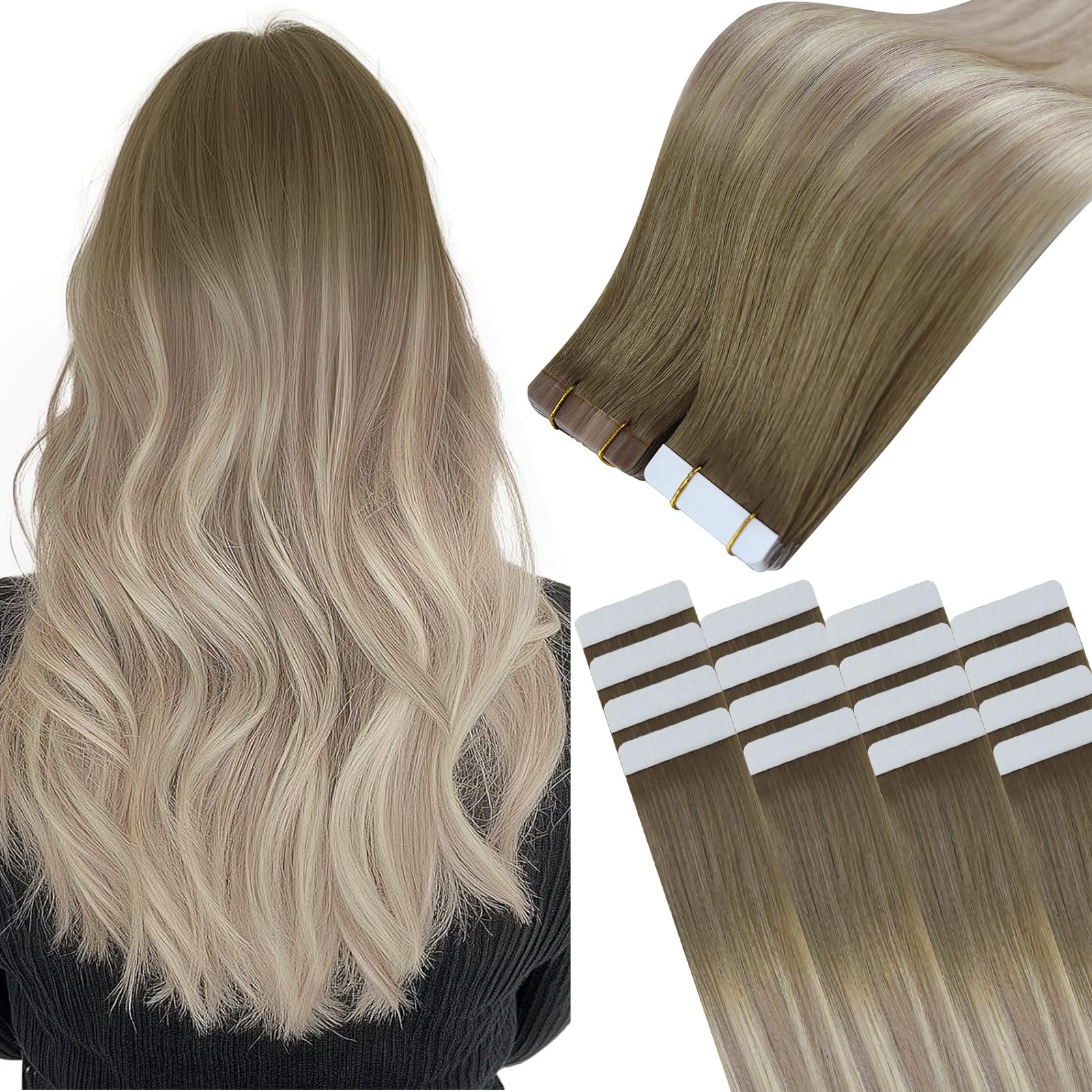Easyouth Tape in Hair Extensions Human Hair Balayage Tape in Human Hair Extensions Tape ins Brown to Blonde Ombre Tape Extensions Human Hair 12 Inch 30g 20Pcs — image 1
