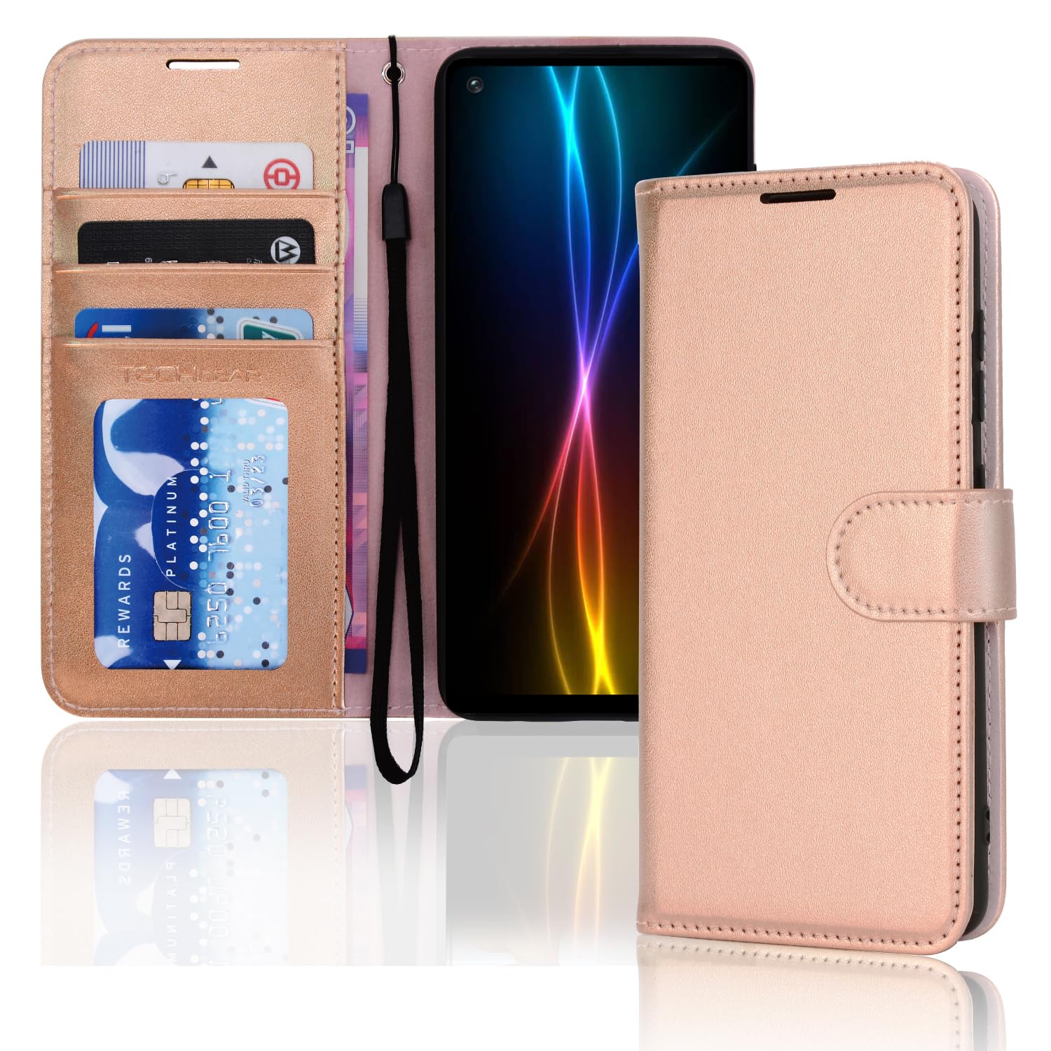 TECHGEAR Galaxy A21s Leather Wallet Case, Flip Protective Case Cover with Wallet Card Holder, Stand and Wrist Strap - Rose Gold PU Leather with Magnetic Closure Designed For Samsung Galaxy A21s โ image 1