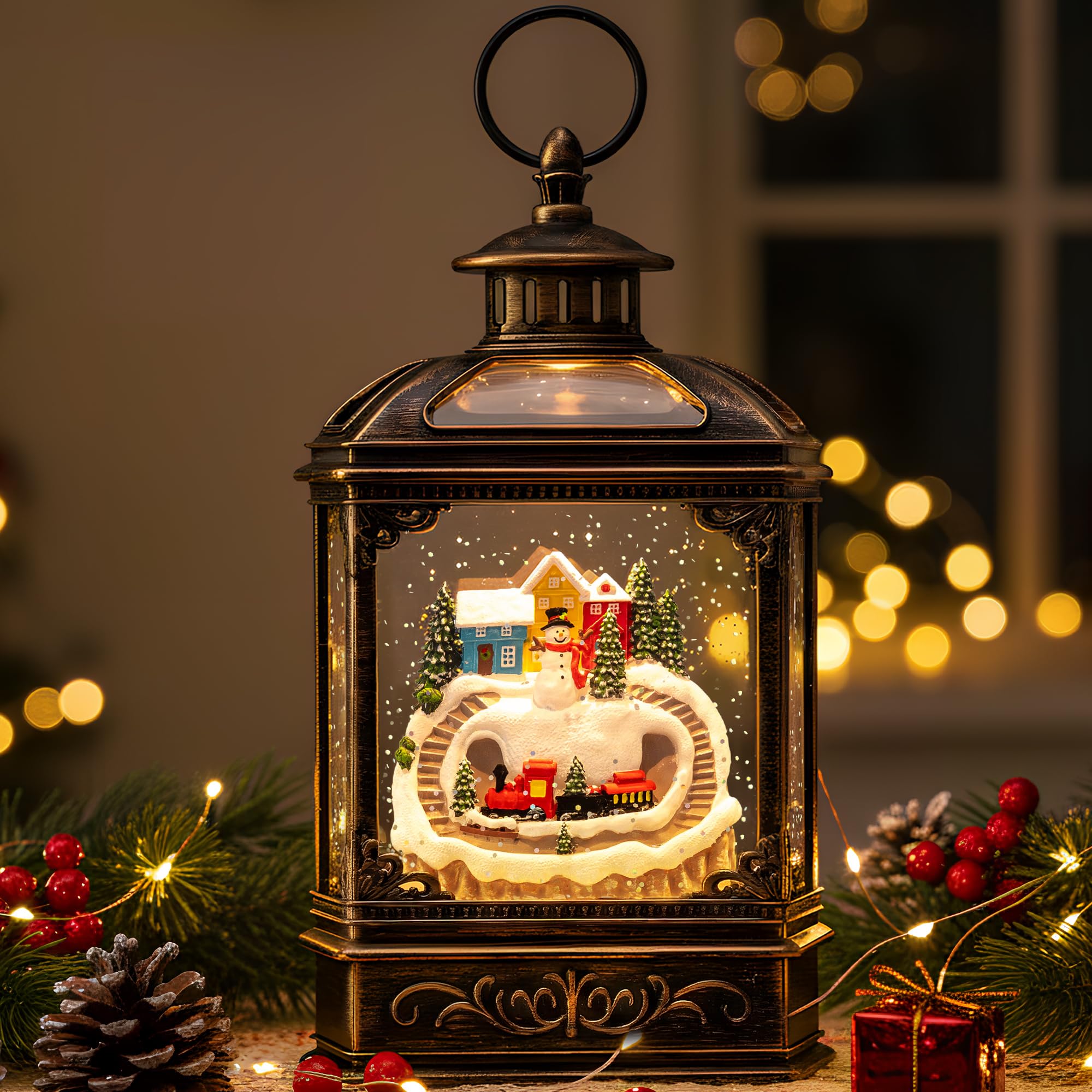 Christmas Snow Globe Lantern Water Glittering Snowman & Train with Music, USB Lined/Battery Operated Lighted Lantern for Christmas Festival Decoration Gifts Image