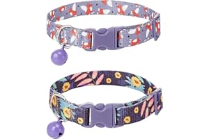 JUFOO 2PC cat Collar with Bells,Quick Release Safe Buckle Adjustable Kitten Collars,Printed Nylon Cute Collar for Boy and Girl Cats (Purple Fox)