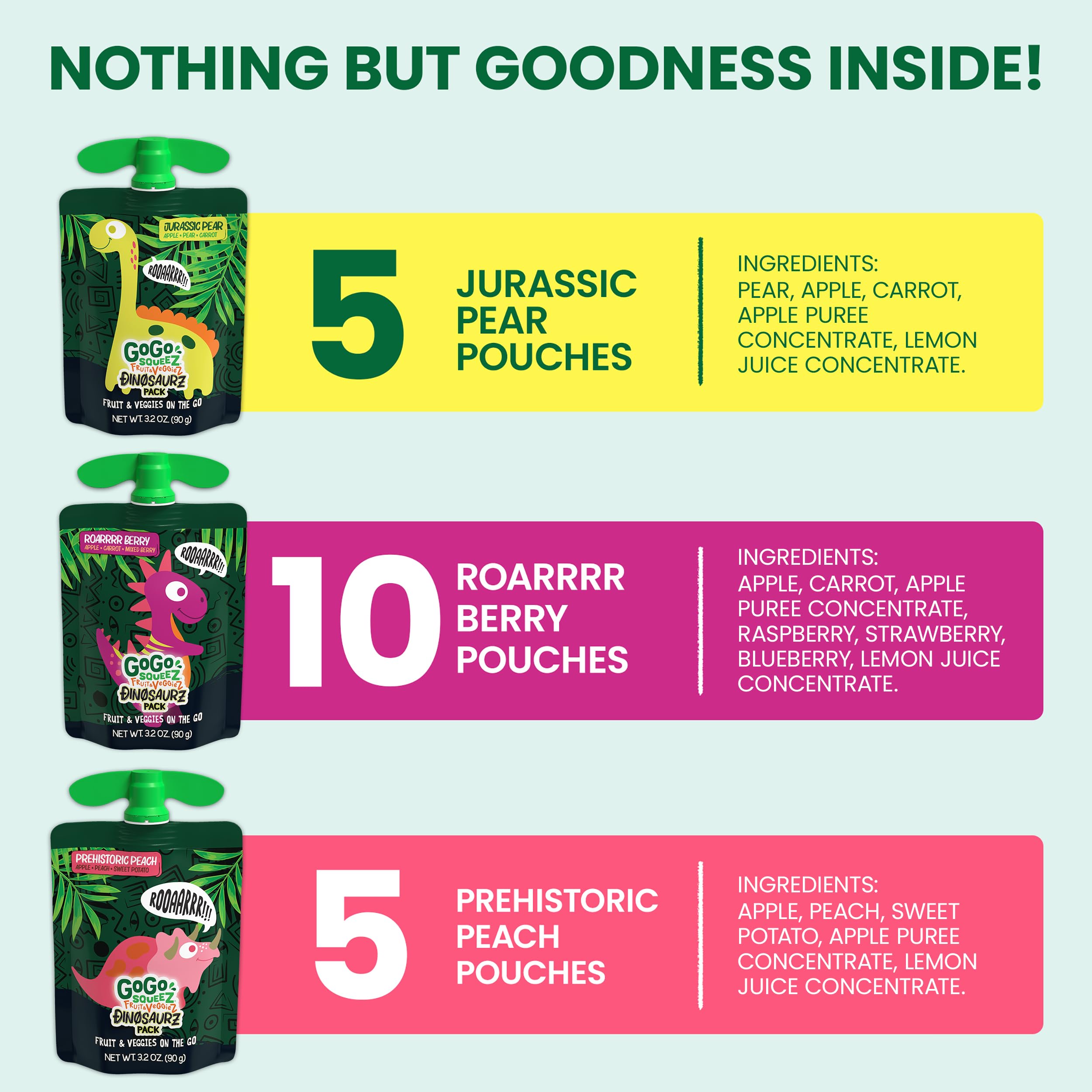 GoGo squeeZ Fruit & veggieZ Applesauce and Puree Variety Pack, Jurassic Pear, Roarrrr Berry & Prehistoric Peach, 3.2 oz (Pack of 20), Unsweetened Snacks for Kids, BPA Free Pouches