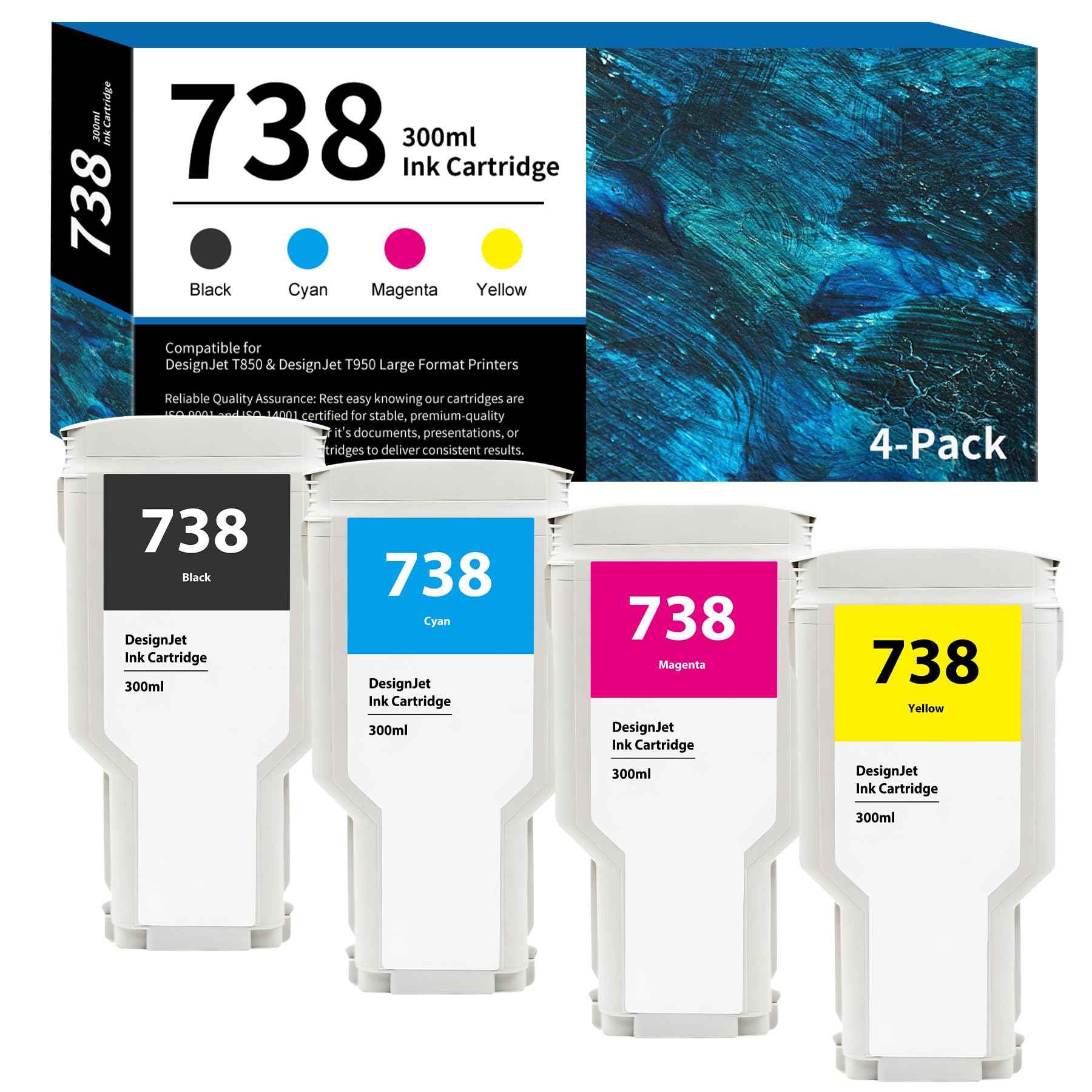 Photo 1 of 738 Ink Cartridge 300ml 4-Pack (Black Cyan Magenta Yellow) 498N8A 676M6A 676M7A 676M8A Replacement for HP 738 Ink Cartridge for DesignJet T850 T950 Printer Ink