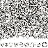 BEAMARKER 450Pcs 9 Styles Antique Silver Spacer Beads Bulk Tibetan Style Alloy Tube Spacers Flower Rondelle Donut Disc Small Loose Beads for Bracelet Necklace Earring Jewelry Making Supplies