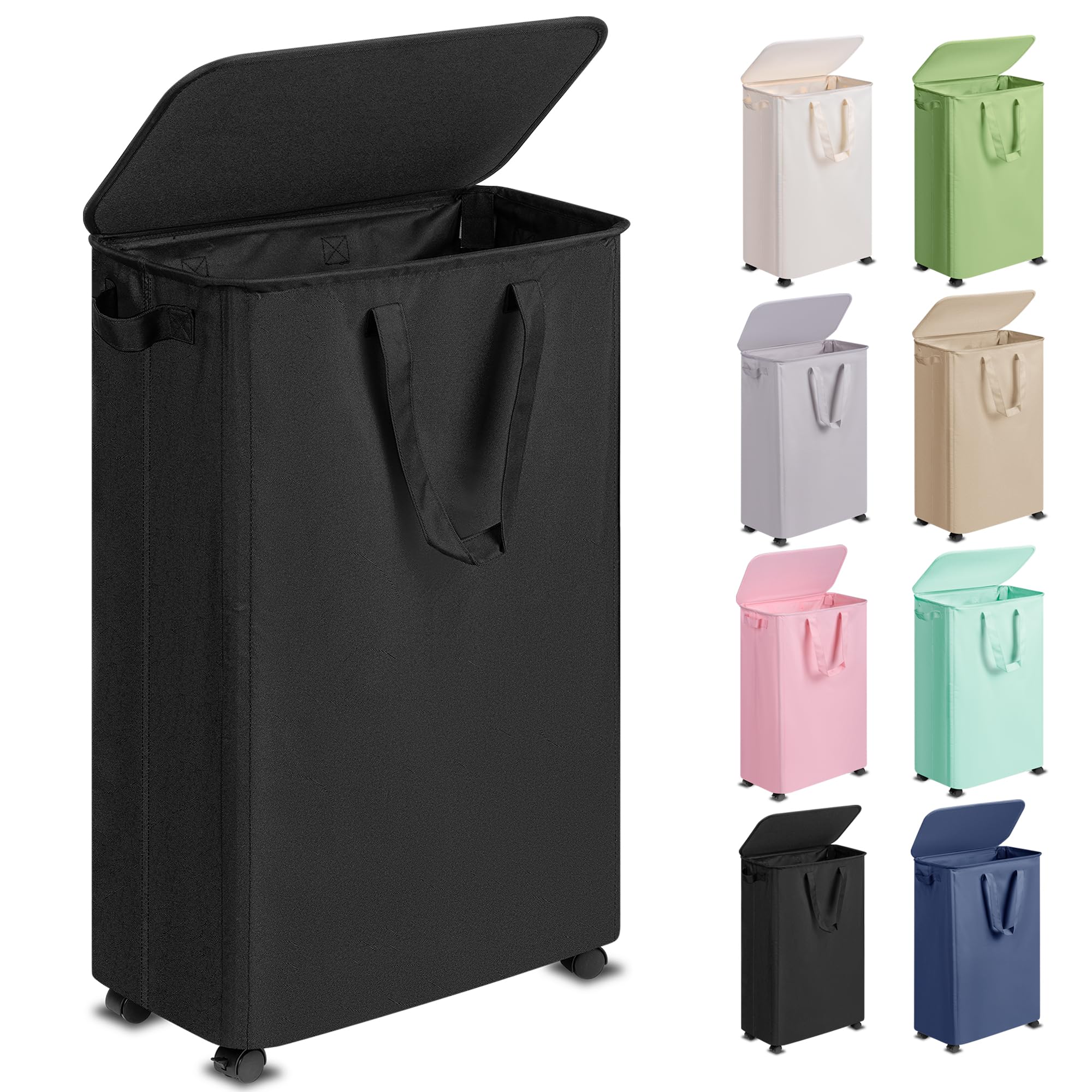 Photo 1 of (MISSING WHEEL) Vincona Slim Laundry Hamper with Lid and Wheels, Small Rolling Laundry Basket with Handle for Small Spaces, Tall Dirty Clothes Hampers for Dorm, Bathroom and Bedroom, 75L Black