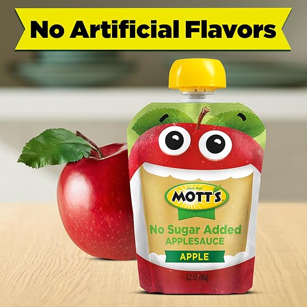 MOTT’S NO SUGAR ADDED APPLESAUCE, MADE FROM REAL FRUIT, NO ARTIFICIAL FLAVORS, 3.2 OZ CLEAR POUCHES, 20 PACK