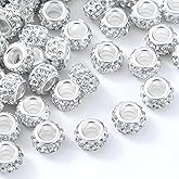 Guoxin 100 Pcs Rhinestone European Beads Crystal Large Hole Charm Spacer Beads for DIY Bracelet Necklace Earring Crafts Jewelry Making (White)