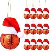 Skylety 12 Pcs Christmas Basketball Ornament with Red Santa Hat, Sport Ball Ornaments for Christmas Tree Decoration, Holiday Balls Baubles for Xmas Party Supplies Sports Team Gifts